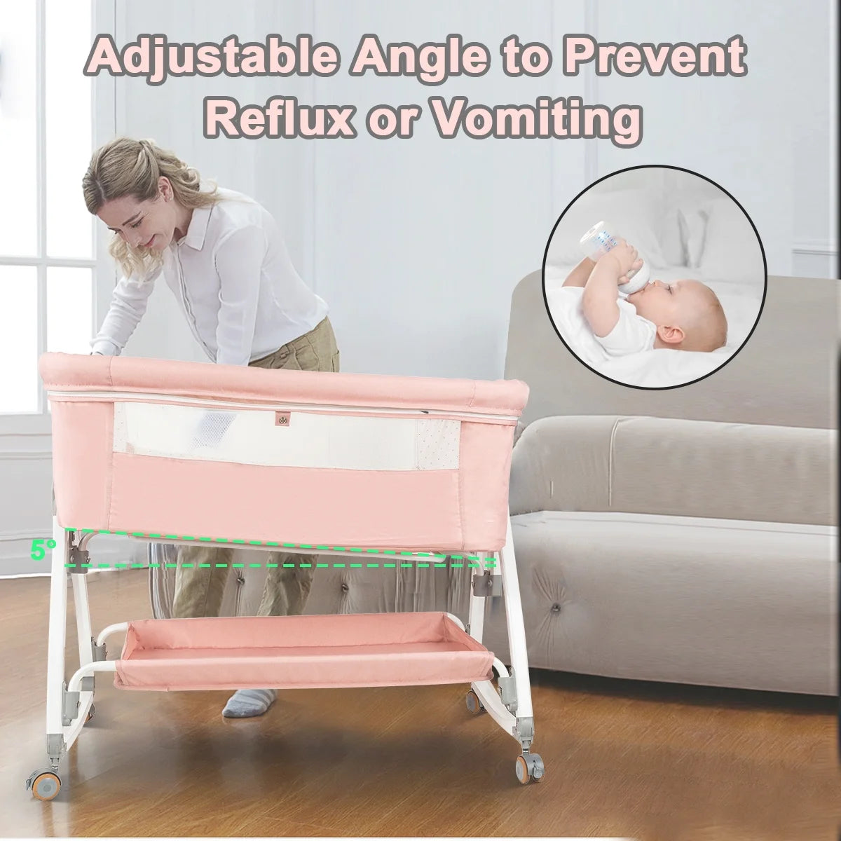 Portable Pink Folding Baby Bassinet with Wheels - Ideal Travel Crib for Comfort and Convenience