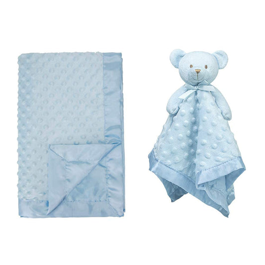 Teddy Bear Security Blanket 16 Inch and Blue Satin Baby Blanket 30X40 Inch