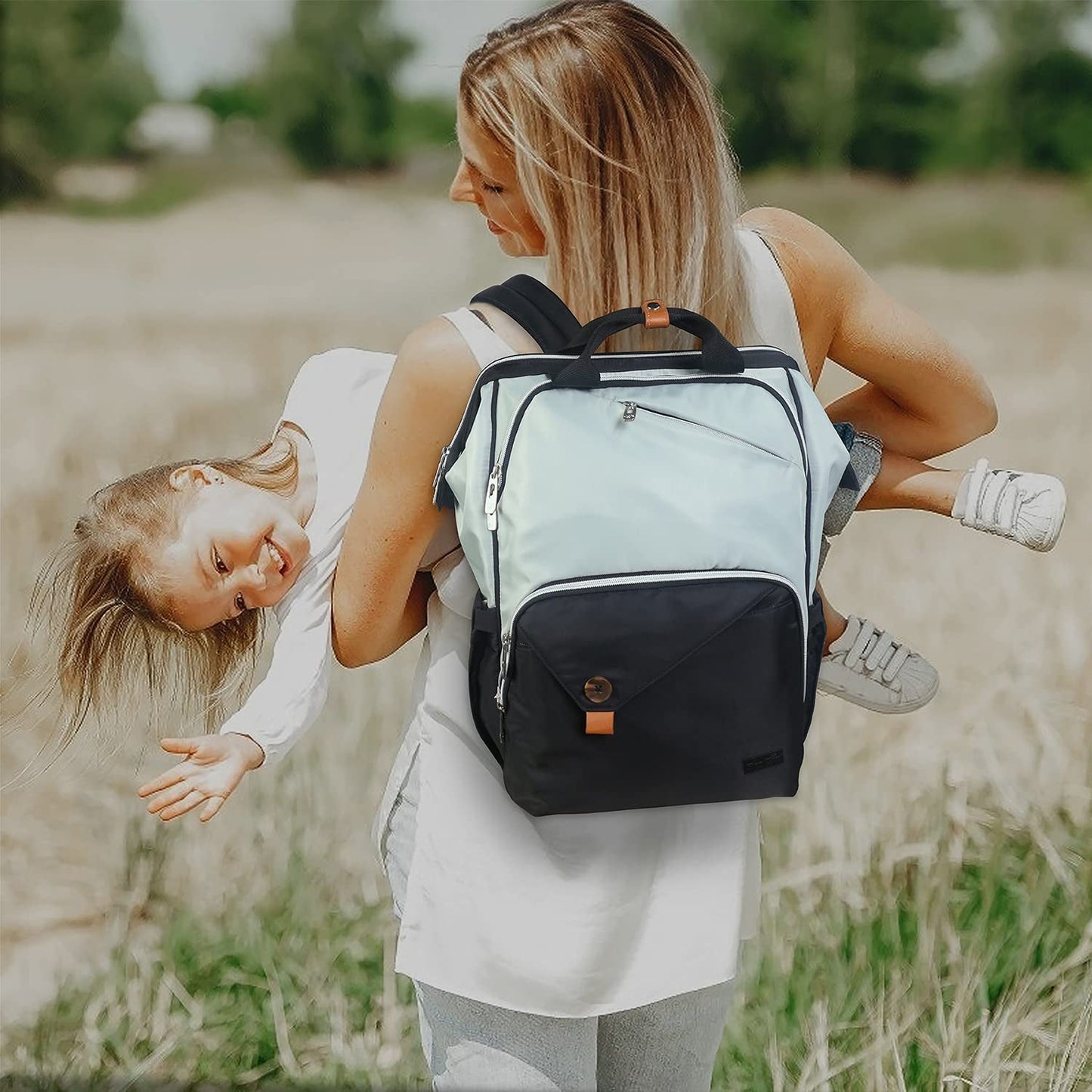 Diaper Bag Backpack,Large Capacity Travel Back Pack Maternity Baby Nappy Changing Bags, Double Compartments with Stroller Straps,Waterproof, Mint Green Black(Us7340-Gb)