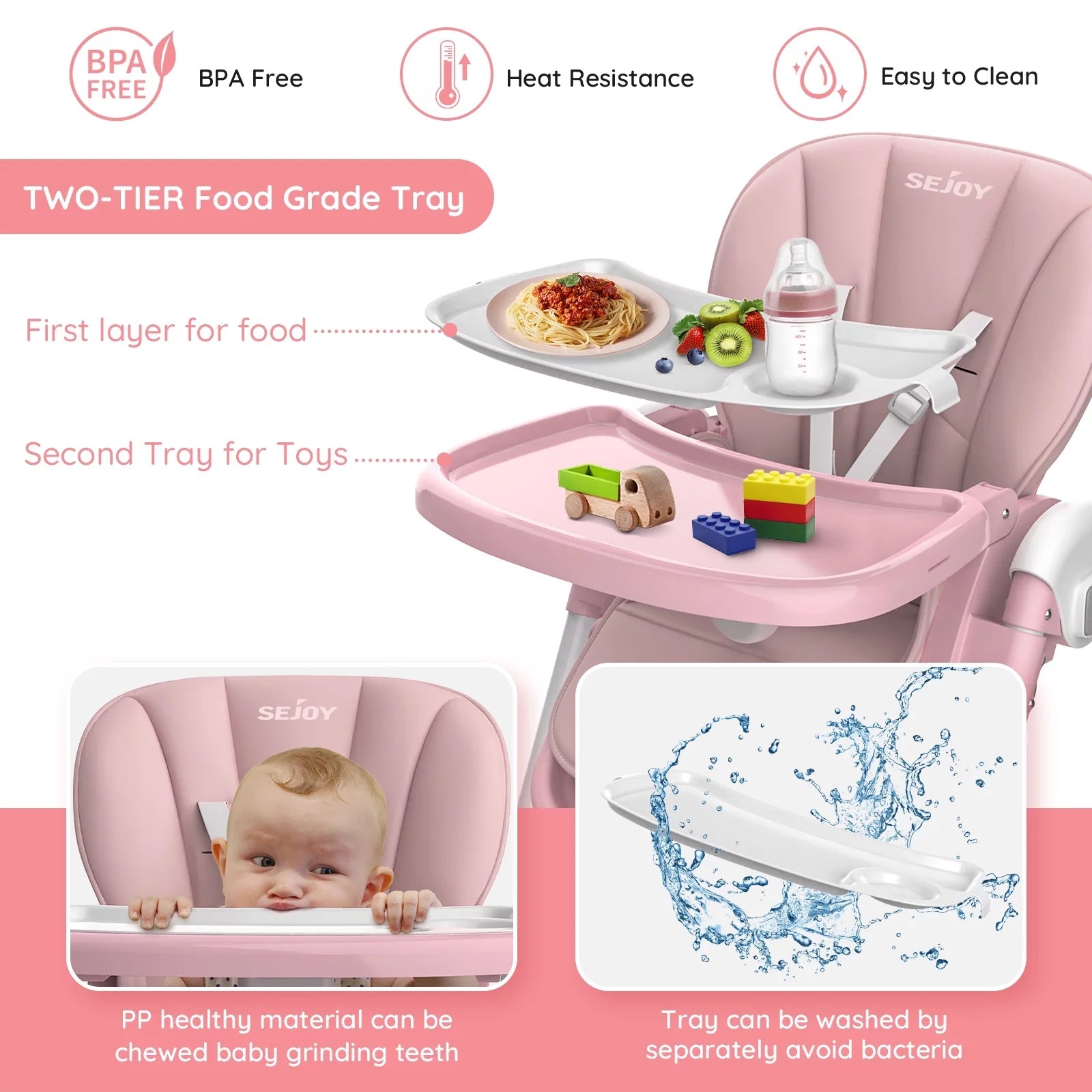 Stylish Pink Foldable High Chair for Toddlers with Adjustable Seat Height and 4 Wheels