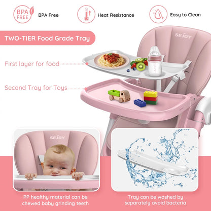 Stylish Pink Foldable High Chair for Toddlers with Adjustable Seat Height and 4 Wheels