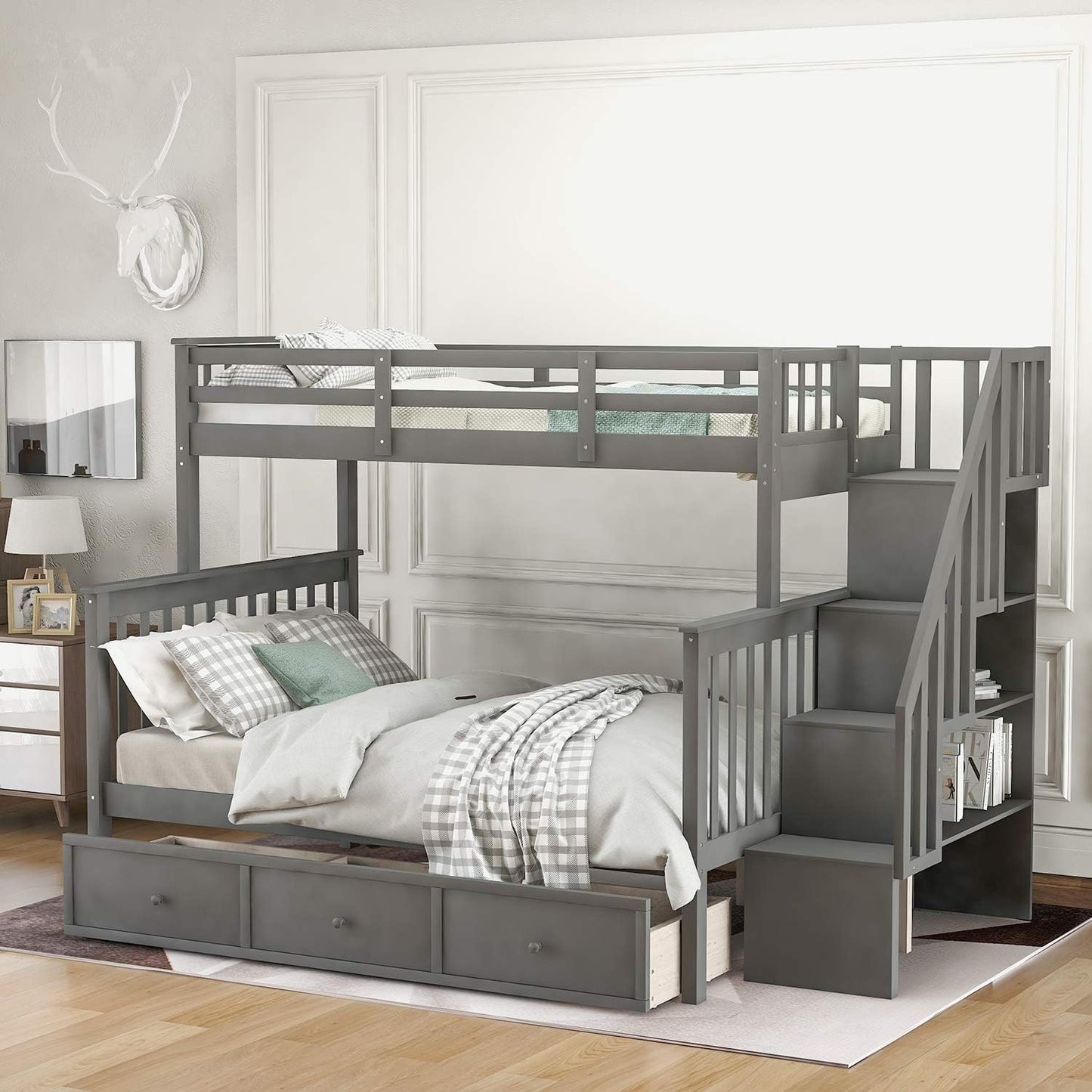 Stylish Twin Over Full Bunk Bed with Convenient Stairway and Smart Storage Solutions