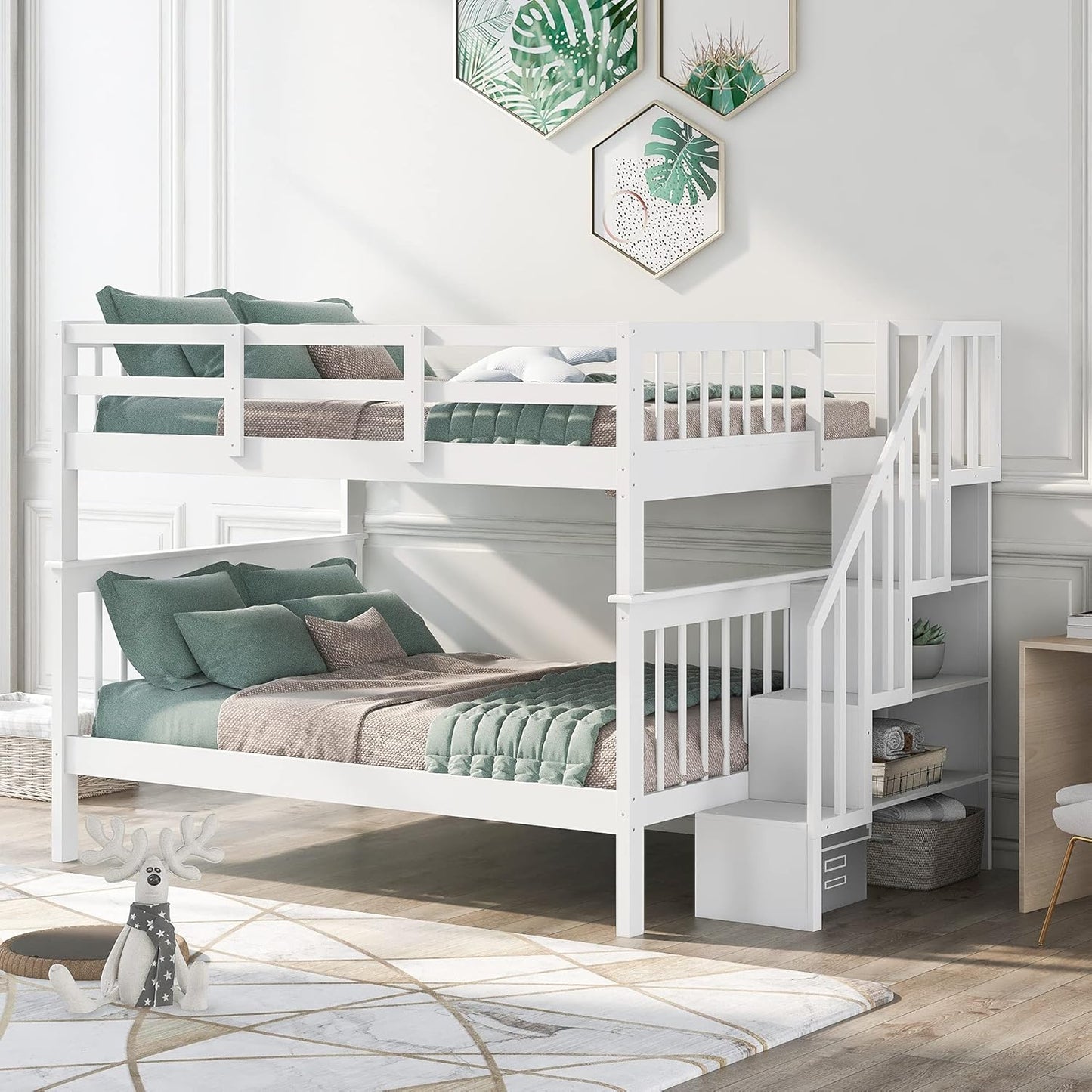 Stylish Twin Over Full Bunk Bed with Convenient Stairway and Smart Storage Solutions