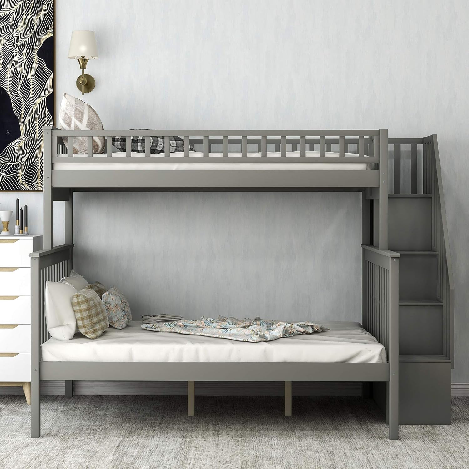 Stylish Twin Over Full Bunk Bed with Convenient Stairway and Smart Storage Solutions