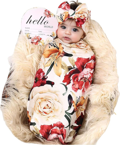 Floral Newborn Receiving Blanket and Headband Set - Perfect for Your Little One!