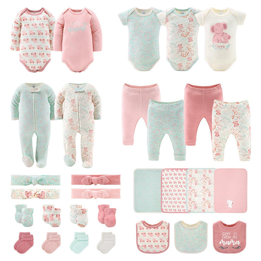 Baby Layette Gift Set for Baby Girls - 30 Piece New Born Baby Girl Gift Set, Baby Clothes & Newborn Essentials Must Haves - Newborn Baby Girl Clothes 0-3 Months - Floral Elephant