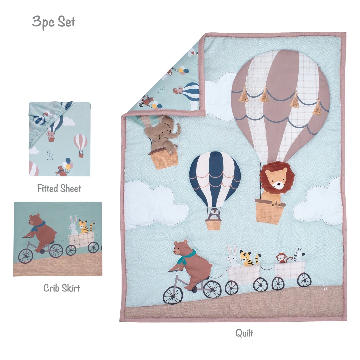 Up Up & Away 3-Piece Crib Bedding Set - Adorable Animal and Hot Air Balloon Theme