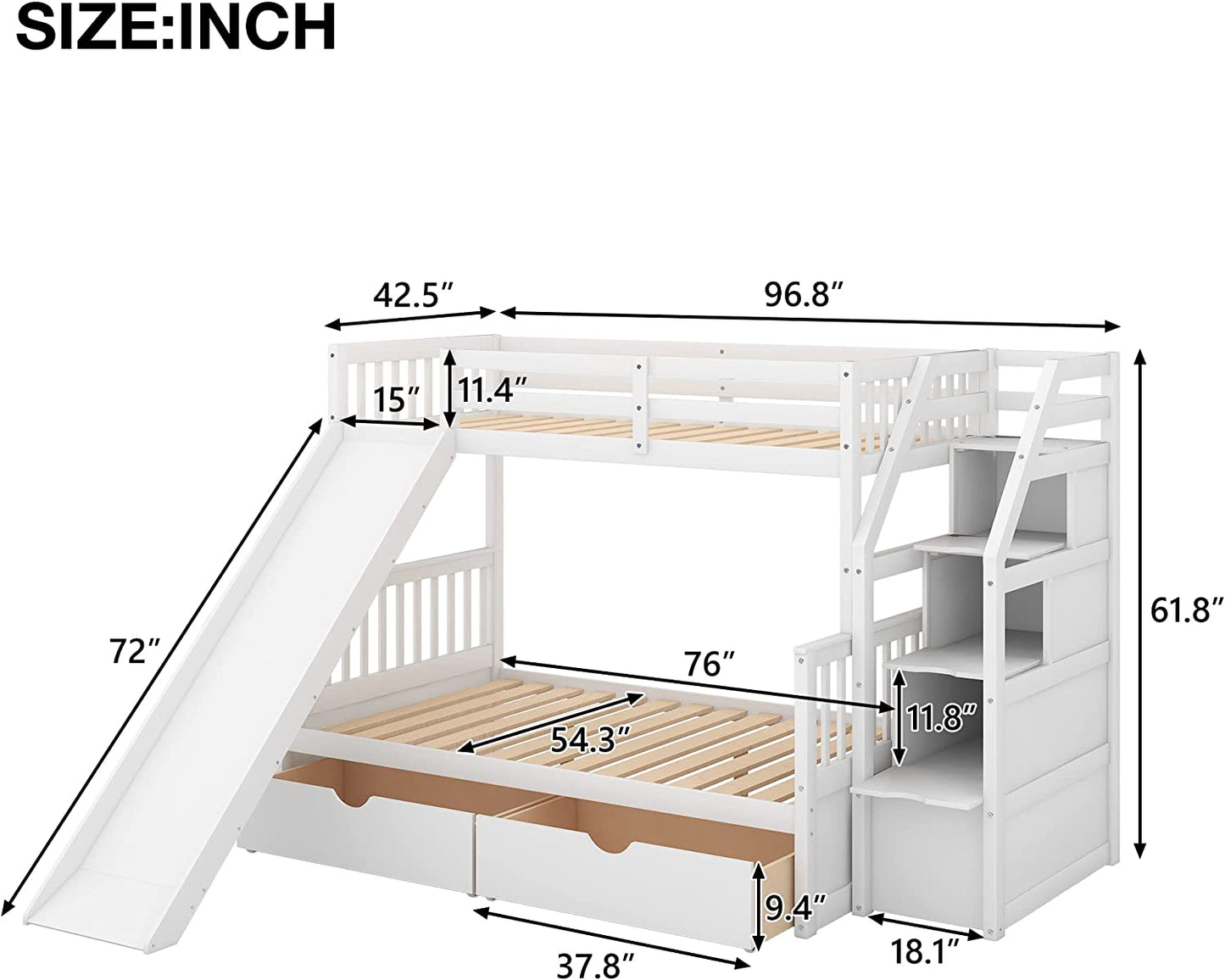 Twin over Full Convertible Bunk Bed with Slide, Solid Wood Frame, Storage Staircase, and Drawers in White