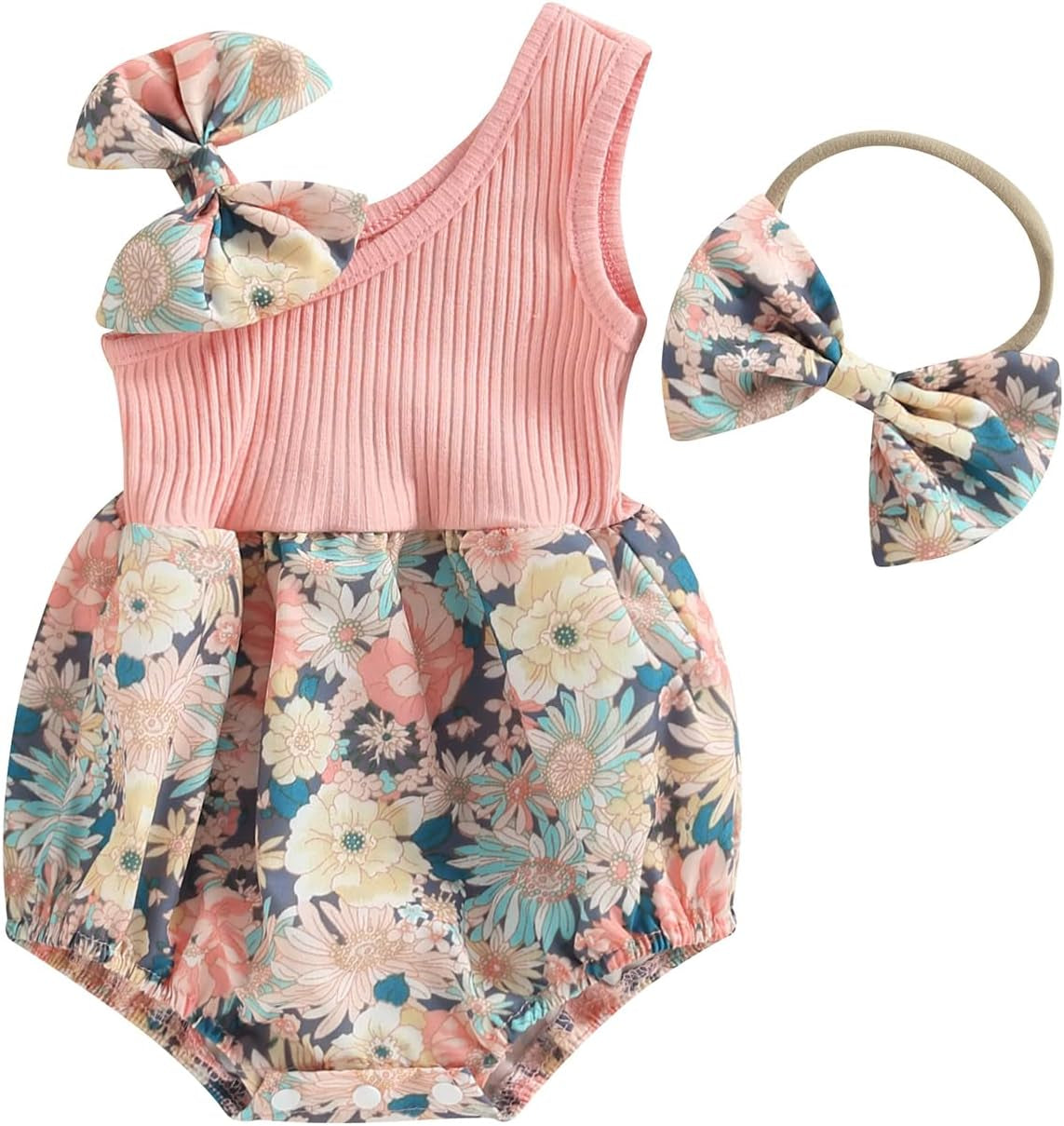 Baby Girls Floral Daisy Playsuit with Headband - Summer Halter Romper and Bodysuit