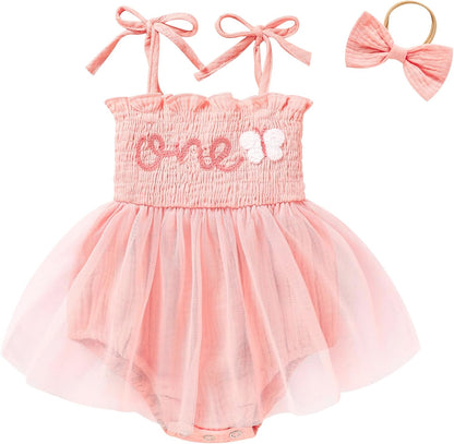 Adorable Baby Girl's 1st Birthday Tulle Romper - Sleeveless Bodysuit for Cake Smash Celebrations