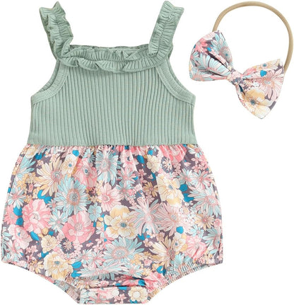 Baby Girls Floral Daisy Playsuit with Headband - Summer Halter Romper and Bodysuit