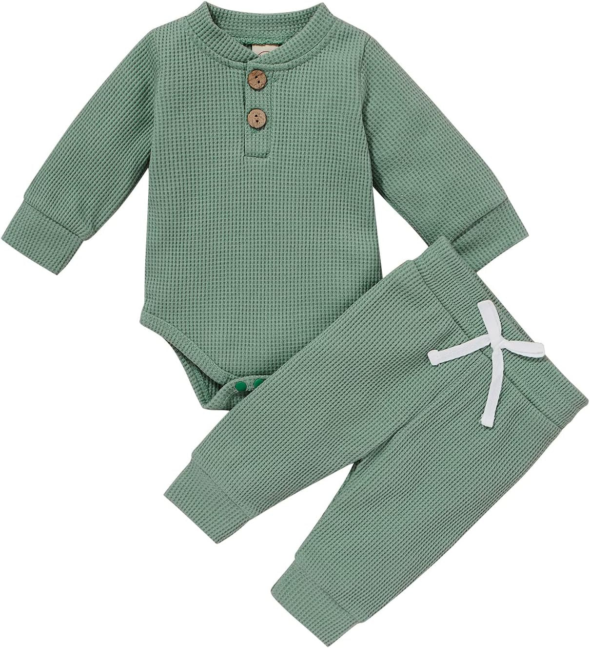 Cozy Ribbed Cotton Long Sleeve Romper & Pants Set for Newborns - Perfect Fall/Winter Outfit