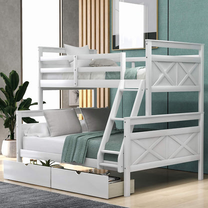 Stylish Convertible Twin over Full Bunk Bed with Storage Drawers, Ladder, and Safety Guardrail - Elegant White Finish