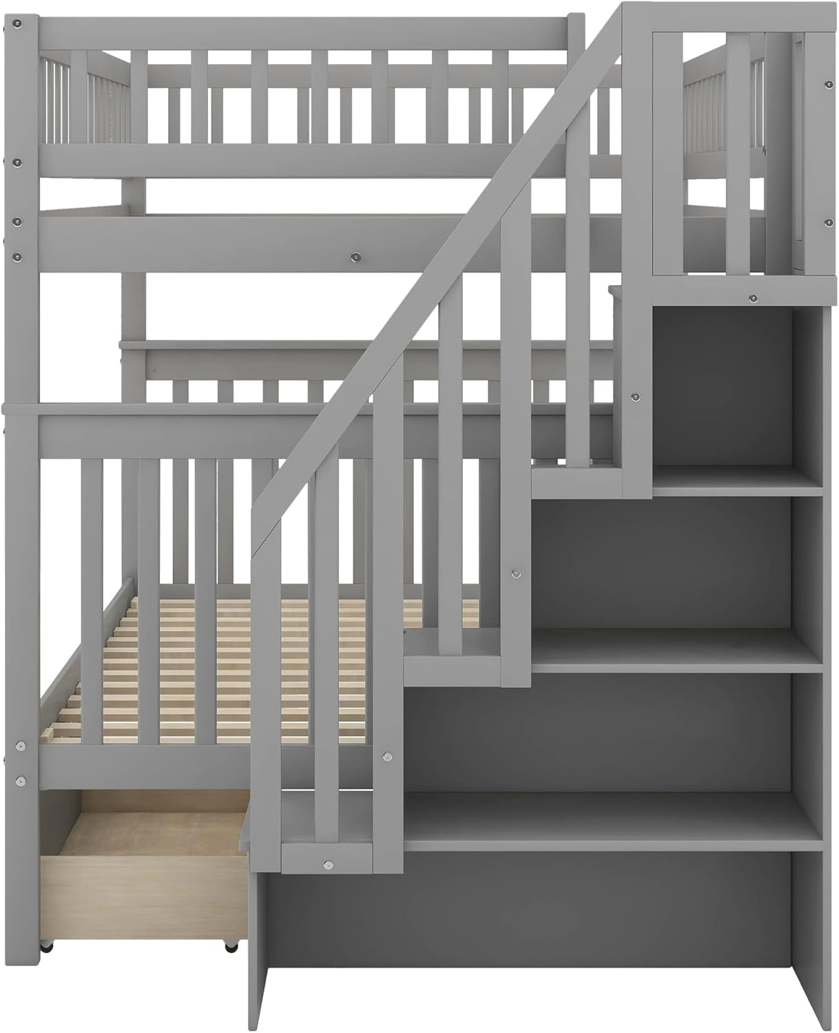 Stylish Grey Full Over Full Wooden Bunk Bed with Stairway Steps and Dual Drawers - Perfect for Kids!