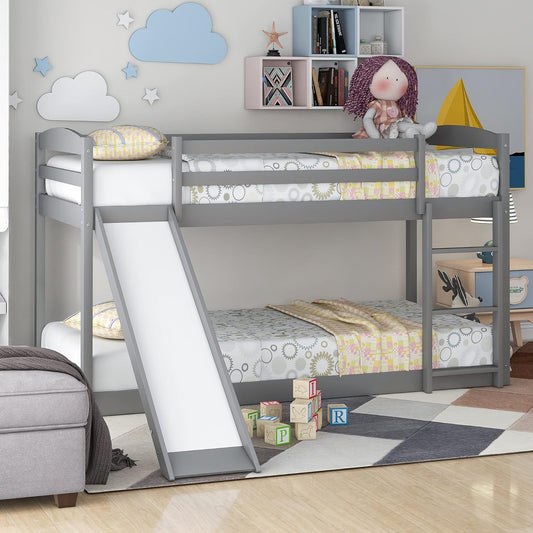 Stylish Gray Twin Over Twin Low Bunk Bed with Convertible Slide and Ladder - Perfect for Kids!