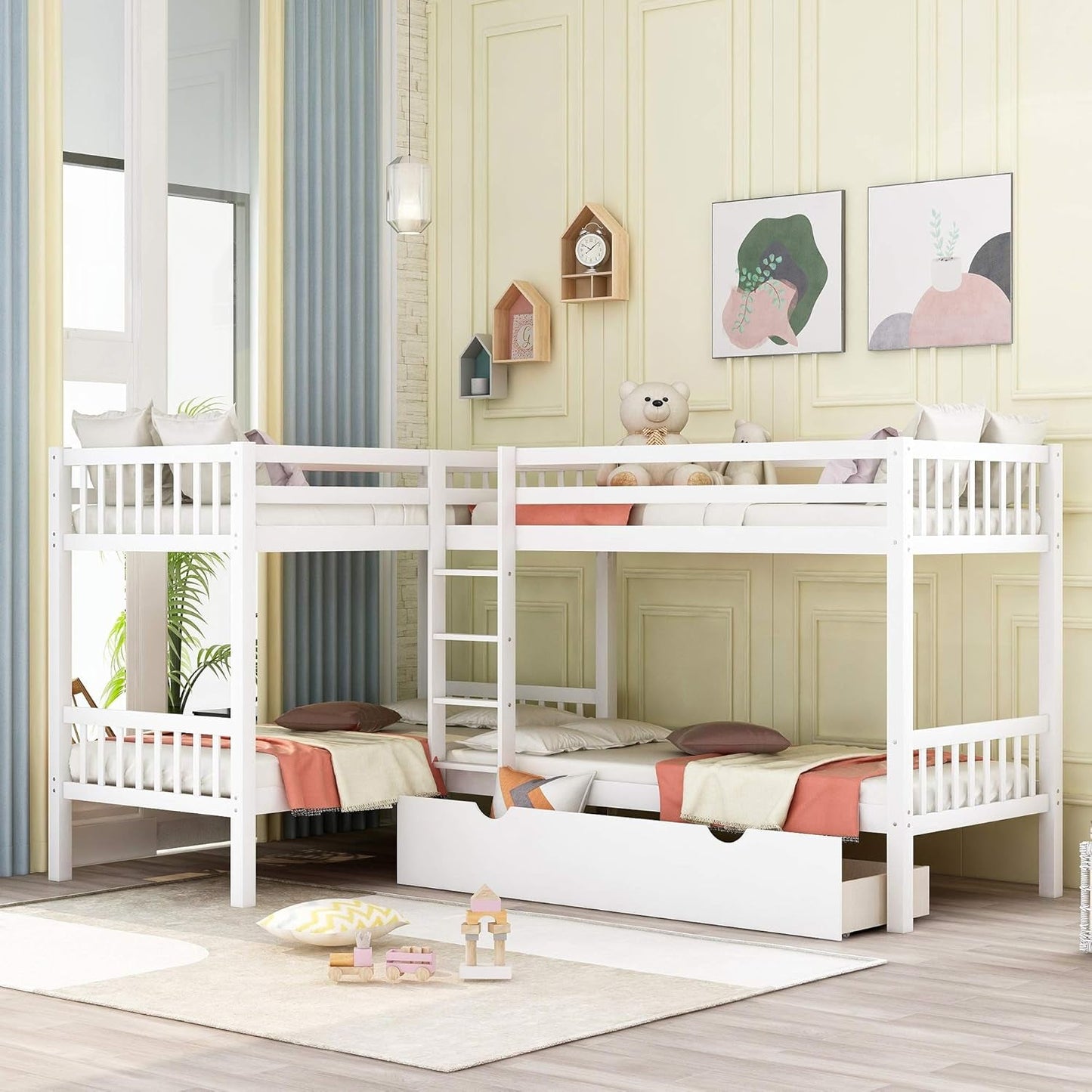 Stylish L-Shaped Quad Bunk Bed with Slide - Sturdy Wood Frame for Full & Twin Sizes - Ideal for Kids, Teens & Adults in Grey