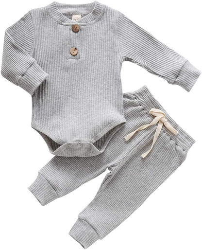 Cozy Ribbed Cotton Long Sleeve Romper & Pants Set for Newborns - Perfect Fall/Winter Outfit