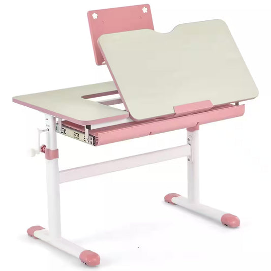 Transform Your Child's Study Space with a Height-Adjustable Pink Desk Featuring Tilt Desktop & Book Stand!