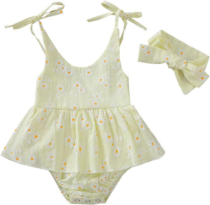 Baby Girls Floral Daisy Playsuit with Headband - Summer Halter Romper and Bodysuit