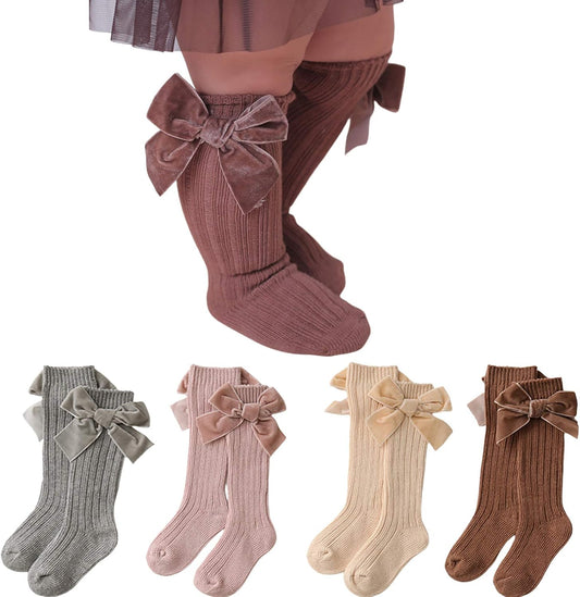 Adorable 4-Pack Knee High Socks for Baby Girls - Soft Cotton Bow Knit Stockings with Cute Ruffled Design for Infants and Toddlers