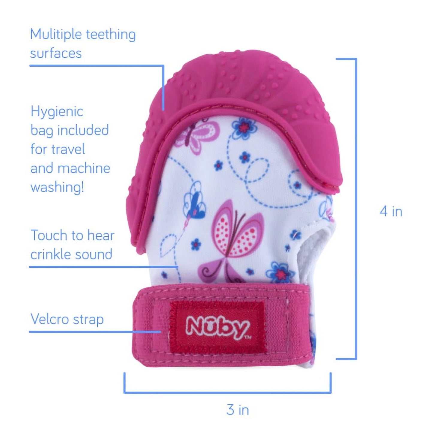 Pink Butterfly Teething Mitten with Convenient Travel Bag - Perfect for On-the-Go Relief!