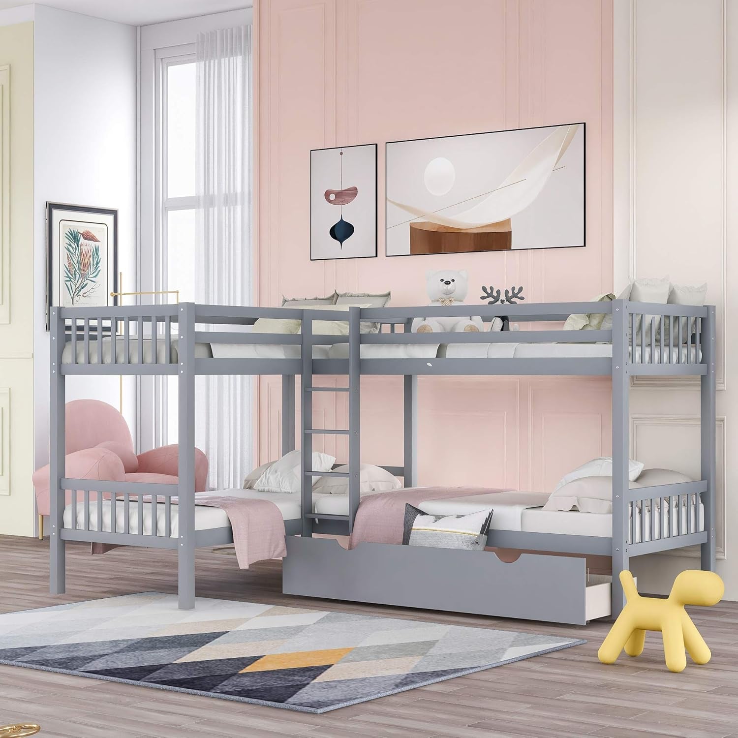 Stylish L-Shaped Quad Bunk Bed with Slide - Sturdy Wood Frame for Full & Twin Sizes - Ideal for Kids, Teens & Adults in Grey