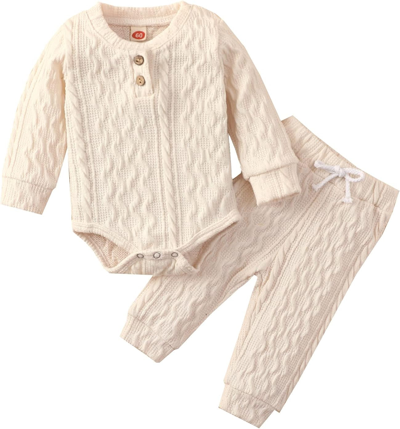 Cozy Ribbed Cotton Long Sleeve Romper & Pants Set for Newborns - Perfect Fall/Winter Outfit