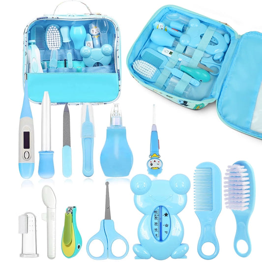 Ultimate 13-in-1 Baby Grooming Kit - Essential Safety Care Set for Newborns with Hair Brush, Nail Clipper, Nasal Aspirator & More - Perfect for Boys & Girls - Blue