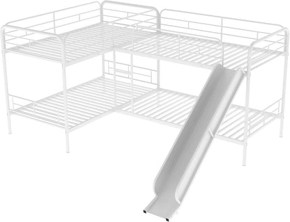 L-Shaped Twin Metal Bunk Bed with Slide - Fun & Space-Saving Design for Kids, Accommodates Up to 4, No Box Spring Needed!