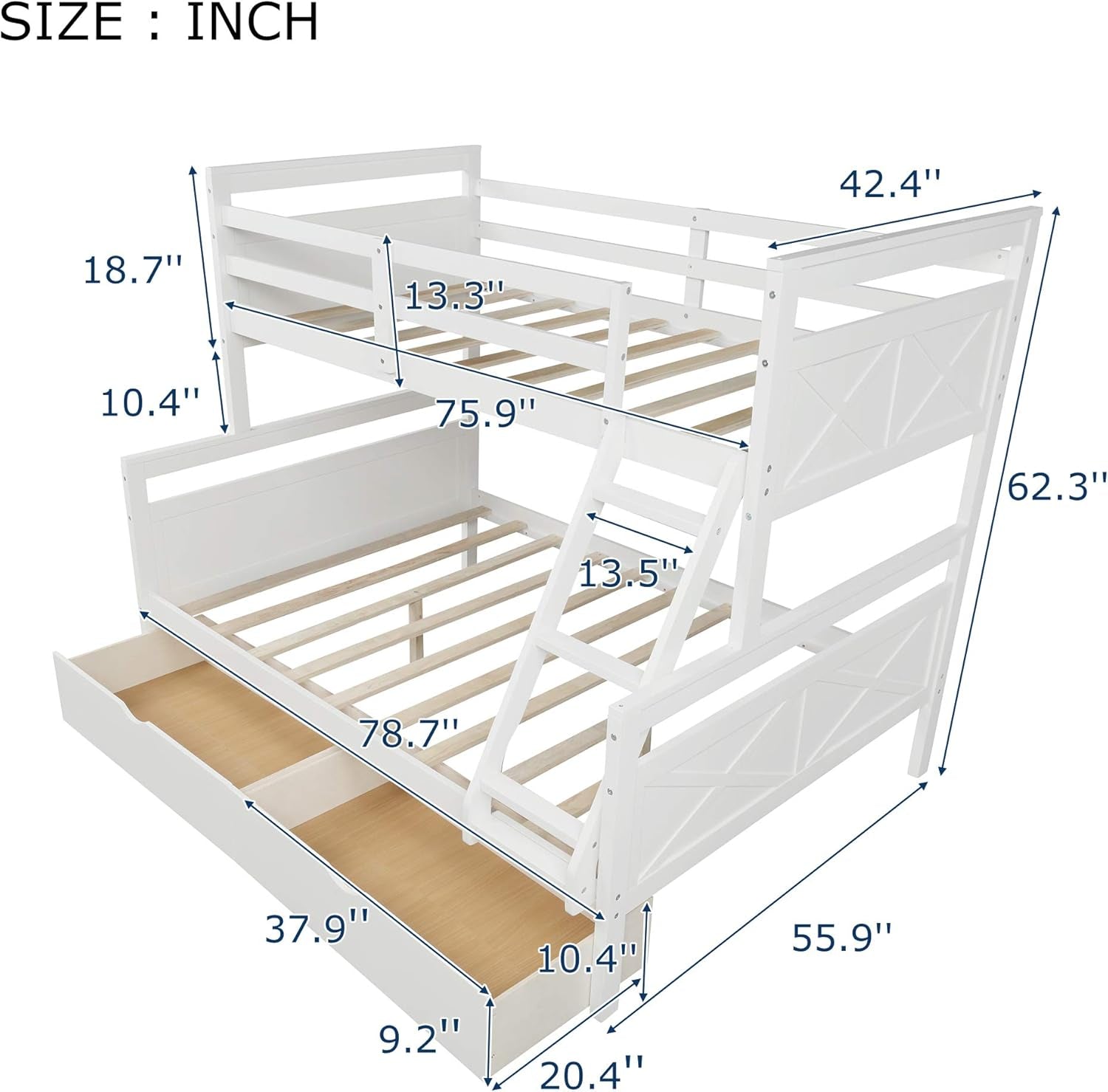 Stylish Convertible Twin over Full Bunk Bed with Storage Drawers, Ladder, and Safety Guardrail - Elegant White Finish