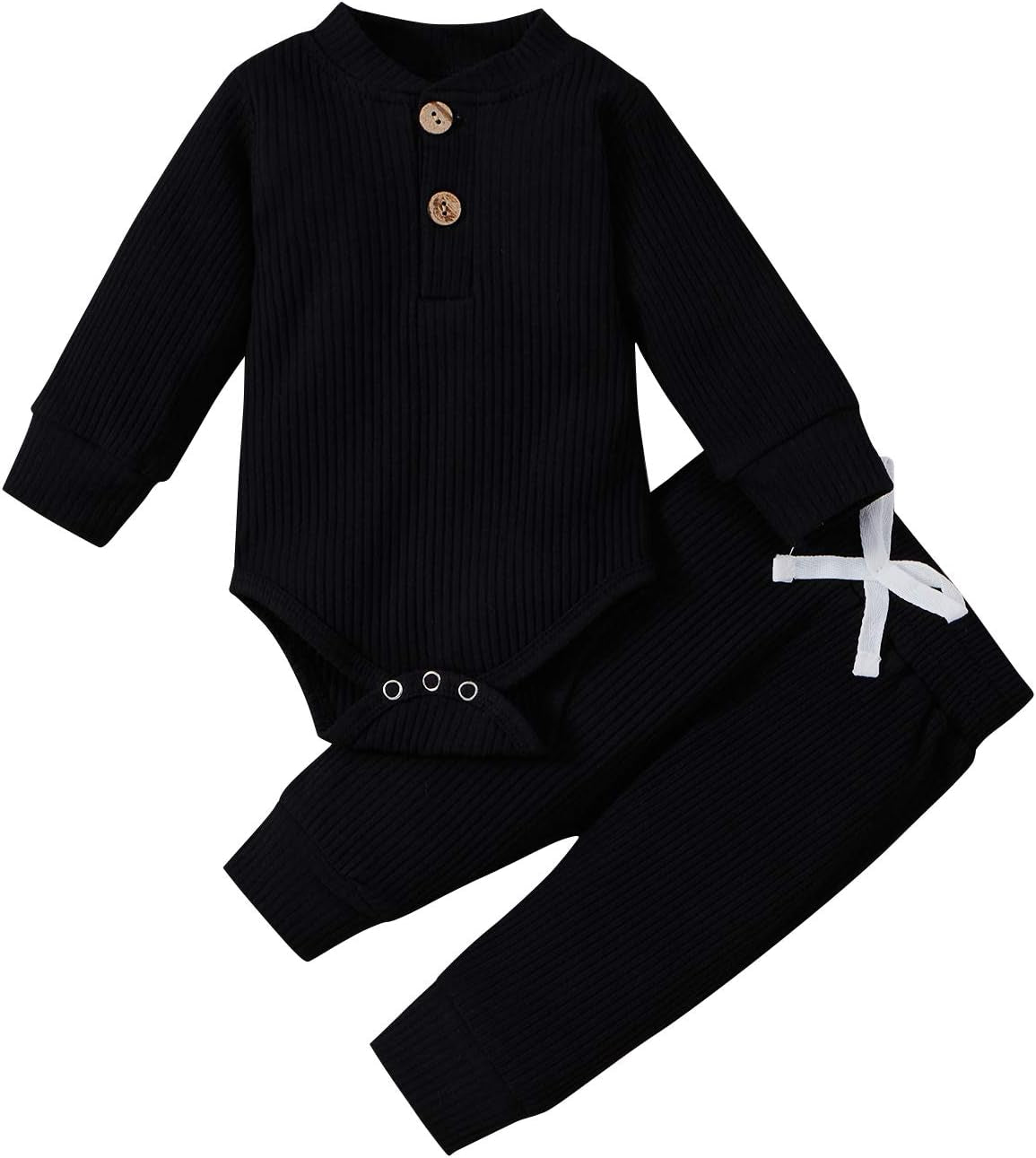 Cozy Ribbed Cotton Long Sleeve Romper & Pants Set for Newborns - Perfect Fall/Winter Outfit