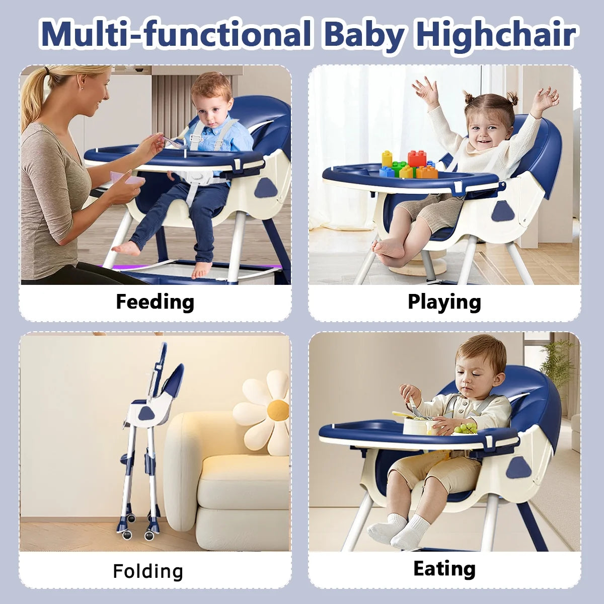 Travel-Friendly Portable High Chair with Wheels - Foldable Design for Babies & Toddlers in Blue