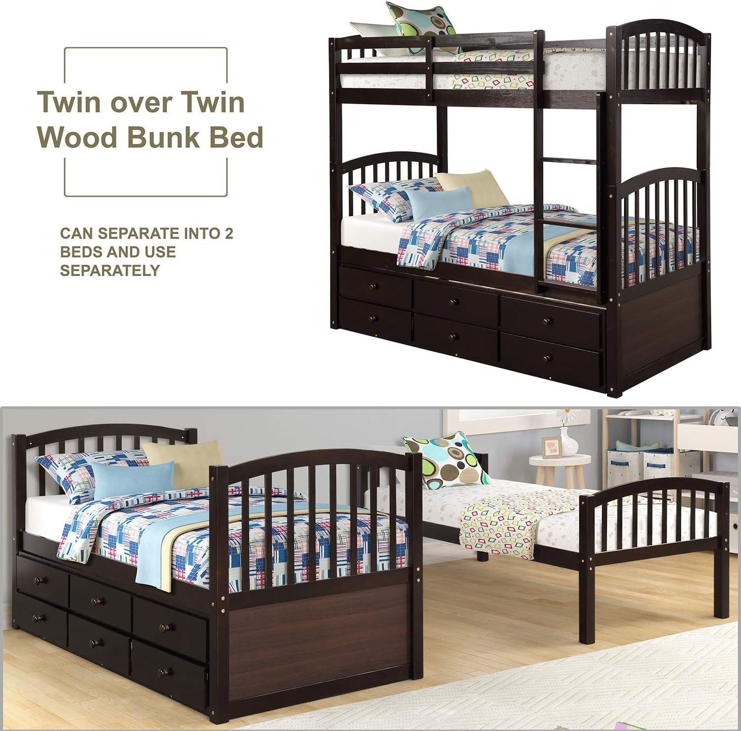 Chic Twin Over Twin Wooden Bunk Bed with Trundle & Storage - Ideal for Kids' Rooms & Guest Areas!