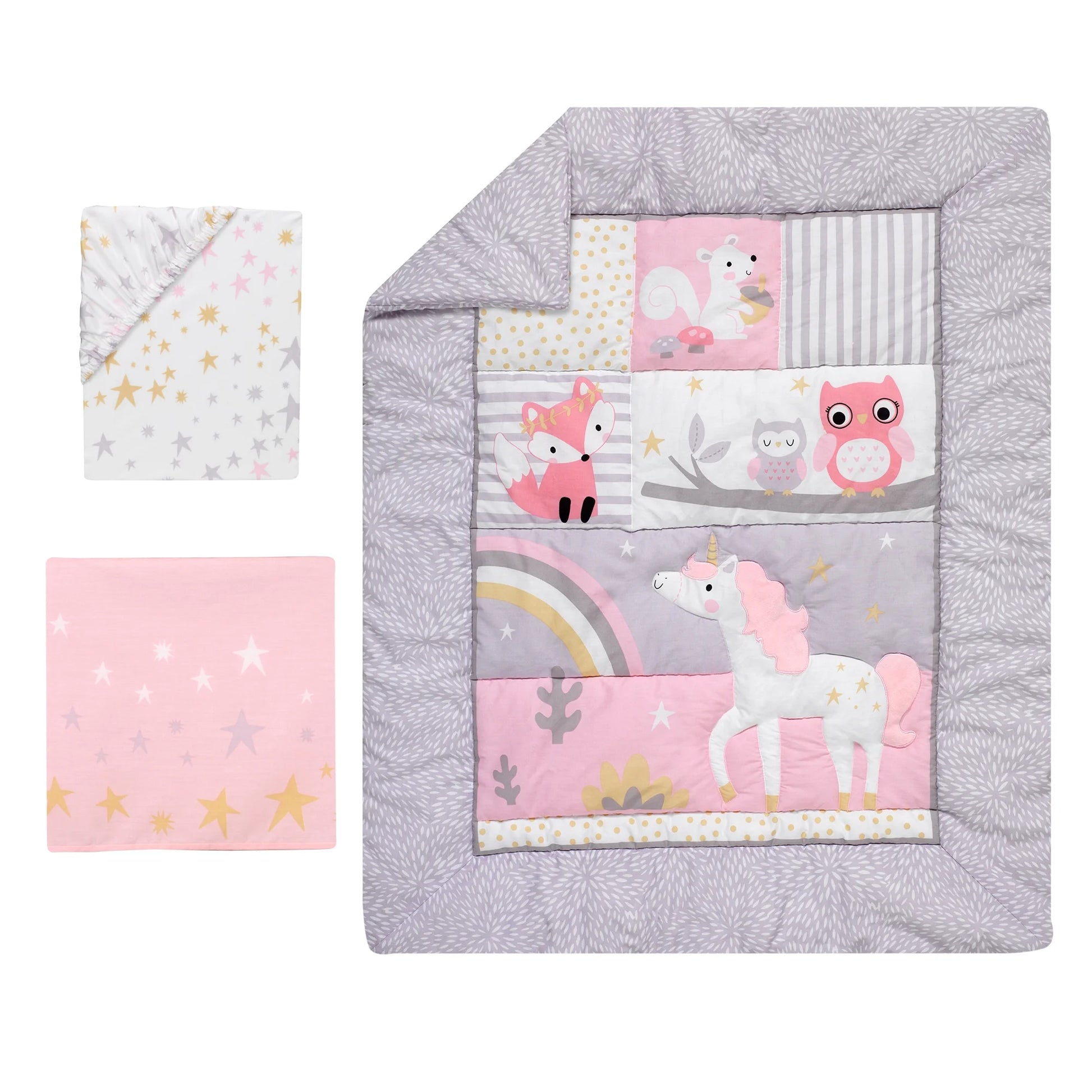 Enchanting Rainbow Unicorn 3-Piece Crib Bedding Set in Pink and Purple