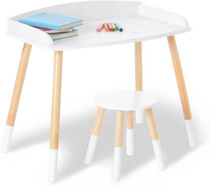 Chic Kids Study Desk and Stool Set - Elegant White with Natural Wood Accents