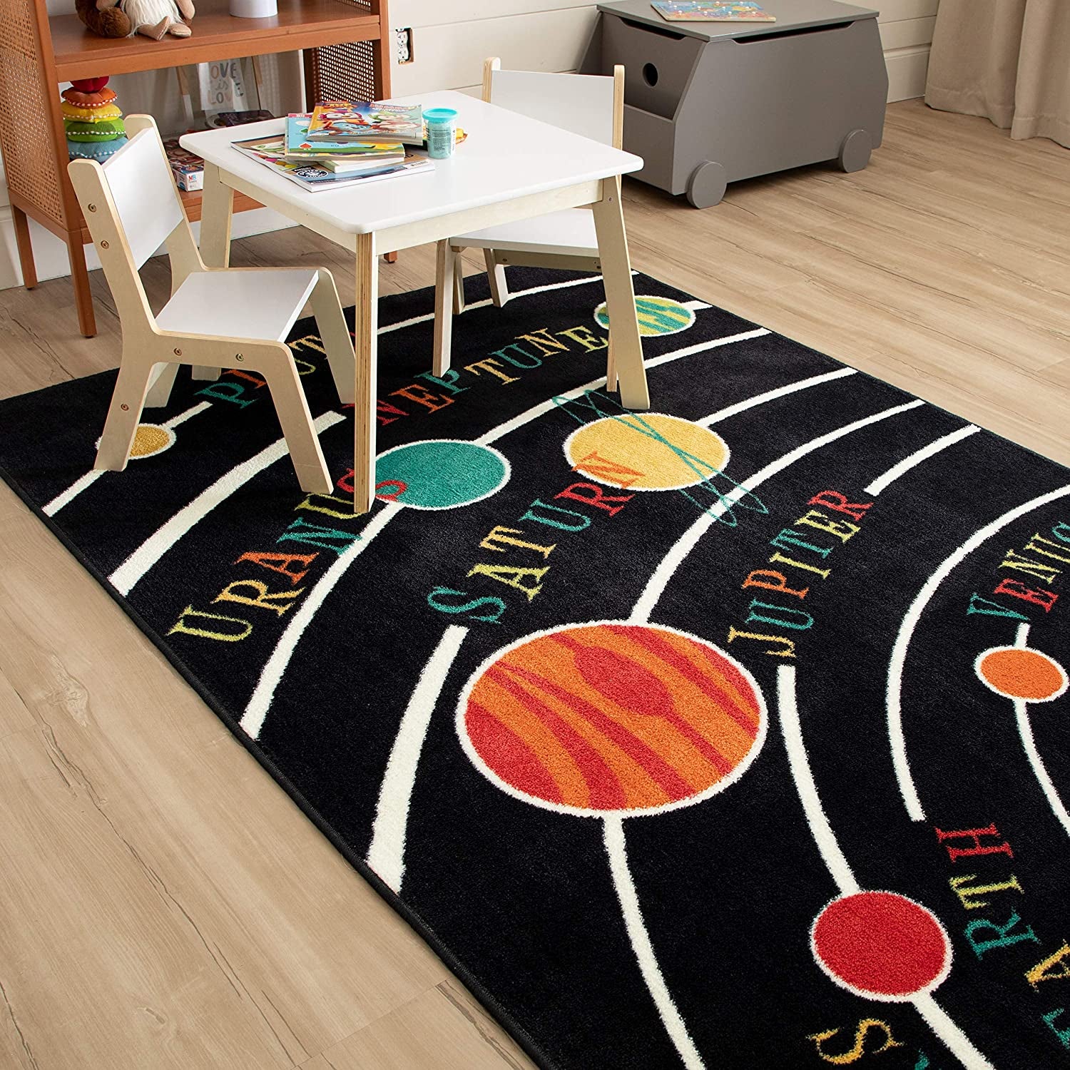 Stunning Black Aurora Solar System Indoor Area Rug - 5' x 8' for Cosmic Decor