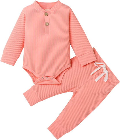 Cozy Ribbed Cotton Long Sleeve Romper & Pants Set for Newborns - Perfect Fall/Winter Outfit