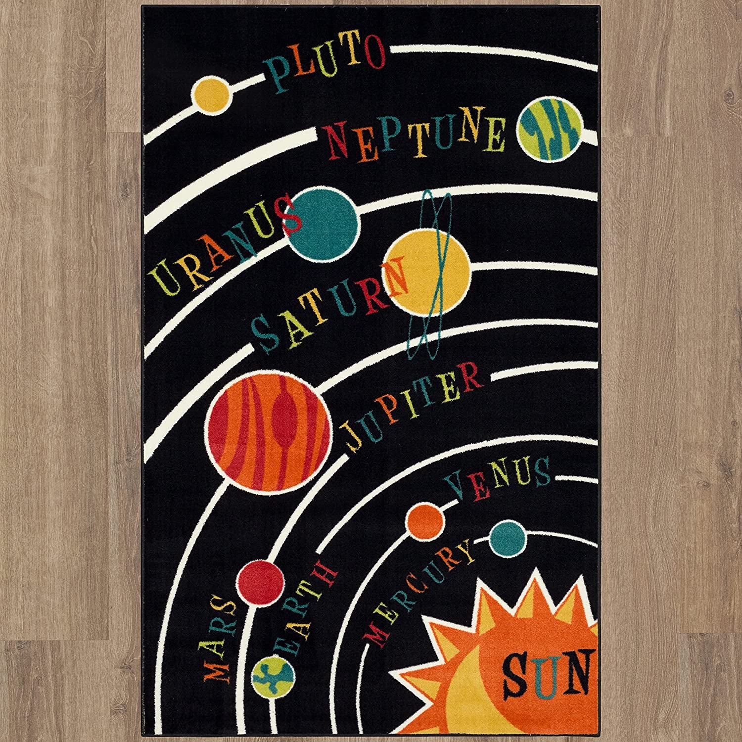 Stunning Black Aurora Solar System Indoor Area Rug - 5' x 8' for Cosmic Decor