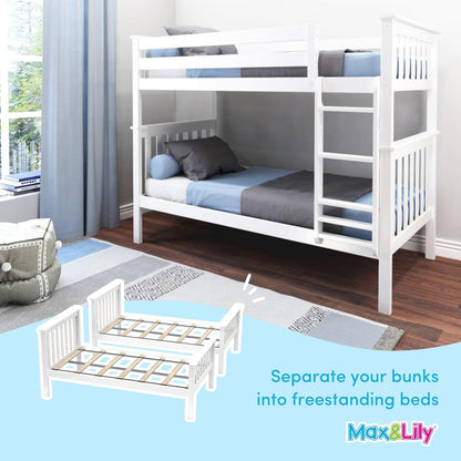 Stylish Solid Wood Twin Over Twin Bunk Bed with Ladder and Safety Guardrails - Easy Assembly, No Box Spring Required, White Finish