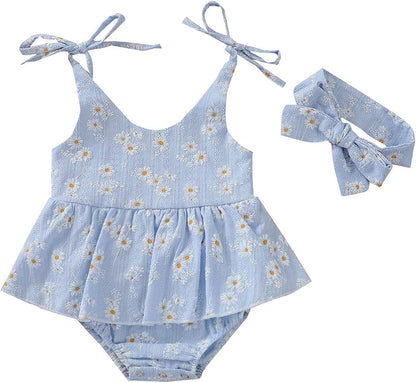 Baby Girls Floral Daisy Playsuit with Headband - Summer Halter Romper and Bodysuit