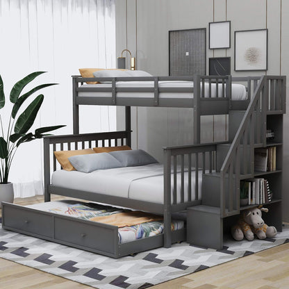 Stylish Twin Over Full Bunk Bed with Convenient Stairway and Smart Storage Solutions