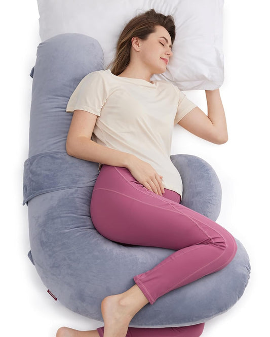 Original F-Shaped Pregnancy Pillow with Adjustable Wedge for Full Body Support, Ideal for Side Sleeping, Velvet Cover, Grey