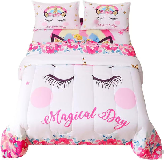 Adorable Unicorn Floral Bedding Set for Kids - 3 Piece Comforter Set in White, Pink & Gold - Perfect Gift for Teens & Girls, Queen Size