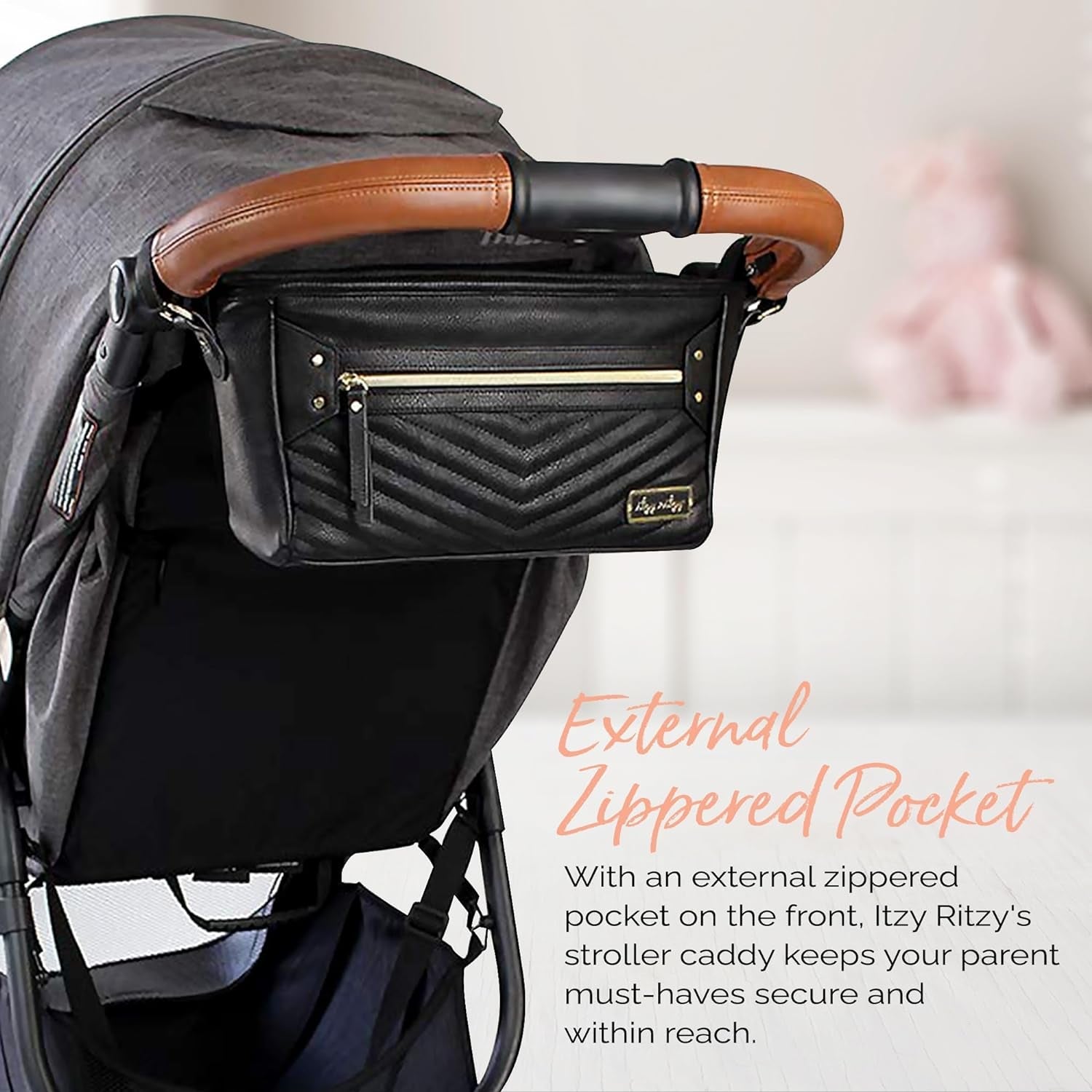 Stylish Adjustable Stroller Organizer with Zippered Pocket & Straps - Black with Gold Hardware