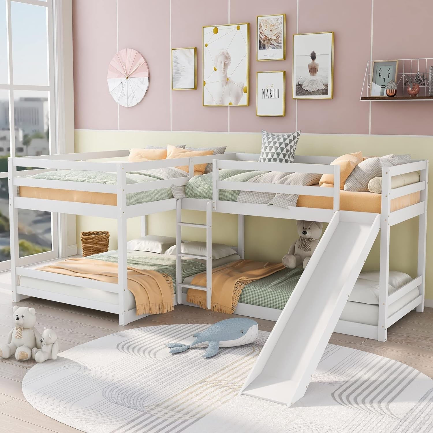 Stylish L-Shaped Quad Bunk Bed with Slide - Sturdy Wood Frame for Full & Twin Sizes - Ideal for Kids, Teens & Adults in Grey