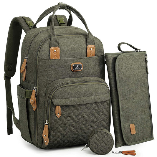 Stylish Army Green Diaper Bag Backpack with Portable Changing Pad, Pacifier Case, and Stroller Straps - Perfect for Moms and Dads!