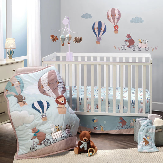 Up Up & Away 3-Piece Crib Bedding Set - Adorable Animal and Hot Air Balloon Theme