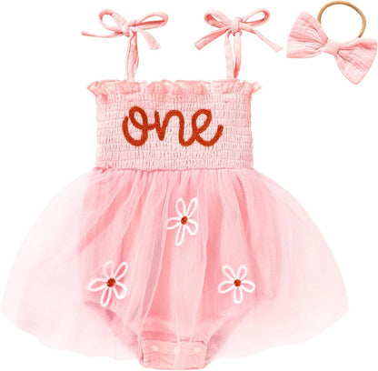 Adorable Baby Girl's 1st Birthday Tulle Romper - Sleeveless Bodysuit for Cake Smash Celebrations