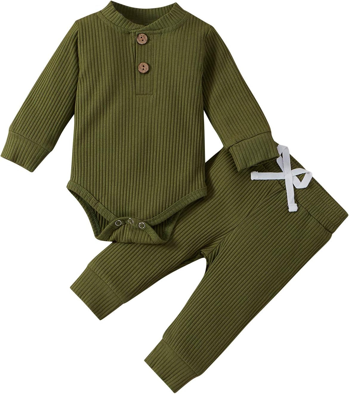 Cozy Ribbed Cotton Long Sleeve Romper & Pants Set for Newborns - Perfect Fall/Winter Outfit