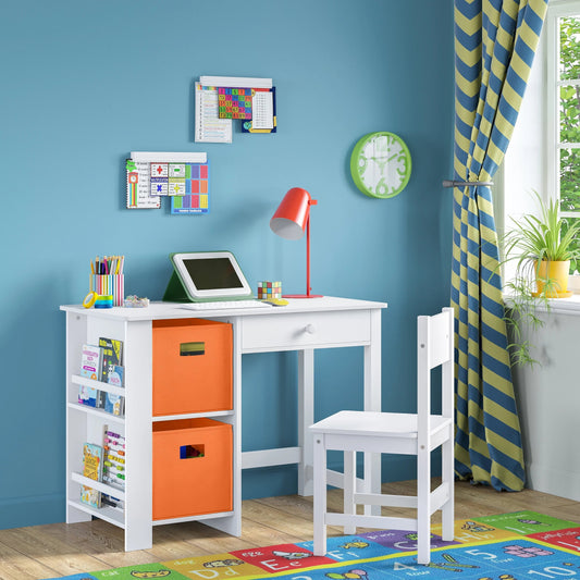 Chic 3-Piece Kids Desk and Chair Set with Storage Cubbies and Side Bookshelves - Elegant White Finish